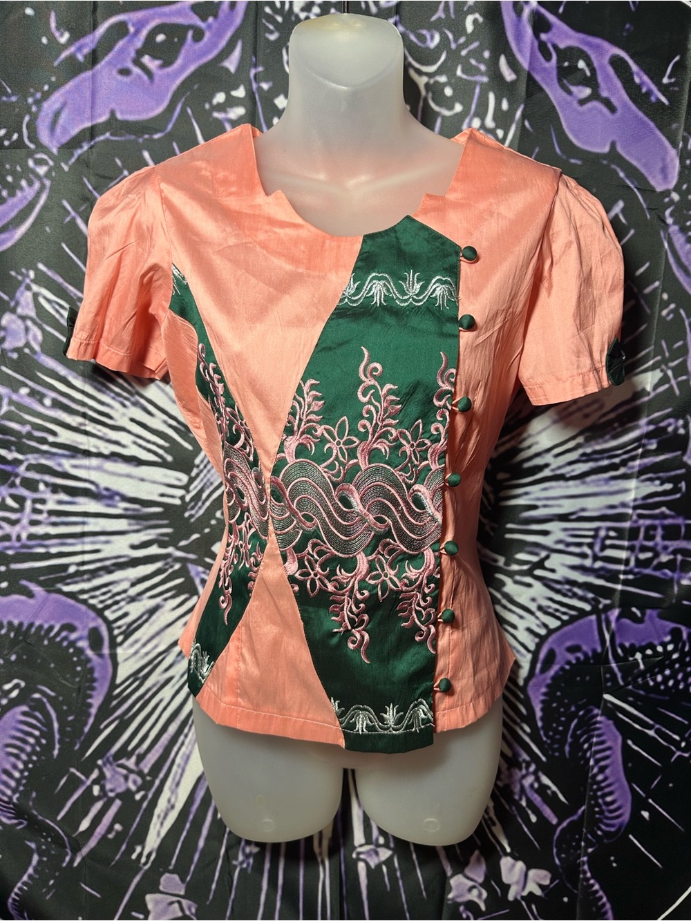 Peach and Emerald Embroidered Short Sleeve Top